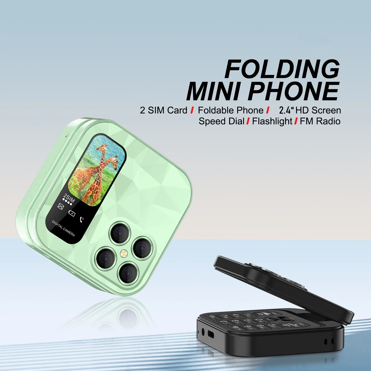 FUFFI-S23 Pro,Folding Mini Phone,2.4 inch,Luminous phone, fun feature phone, 2G network, dual SIM, phone holder, student phone