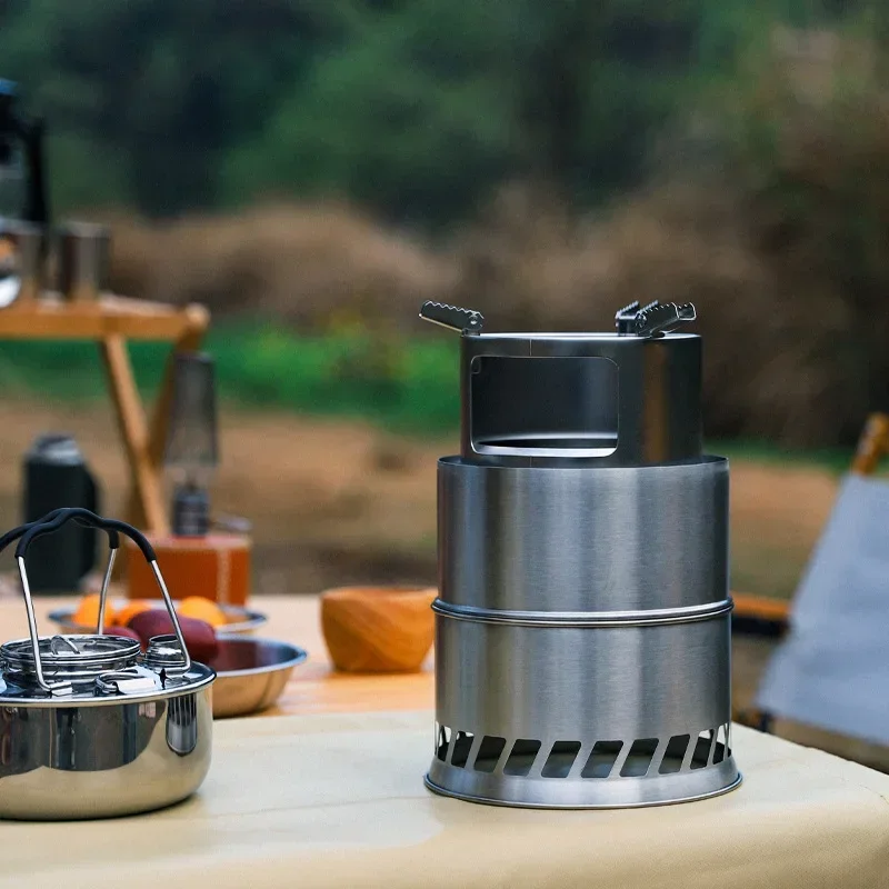 Outdoor Portable Round Wood Stove Charcoal Stove Solid Alcohol Stove Thickened Stainless Steel Picnic Stove, Large