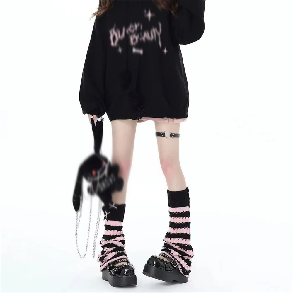 Autumn Winter Black Pink Striped Hollow Pile Socks Sweet Cool JK Leg Warmers Japanese Soft Girls Knitted Lolita Calf Foot Covers