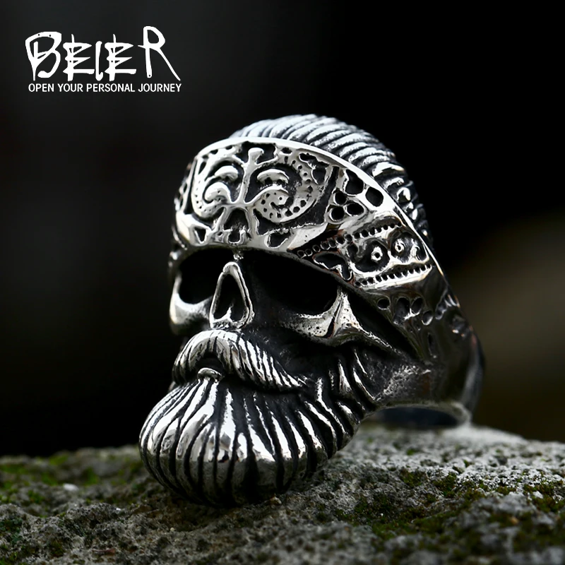 Beier 2022 New Fashion 316L Stainless Steel Cool Locomotive Old Men Skull Men's Ring Punk Rock Bearded High Quality Jewelry