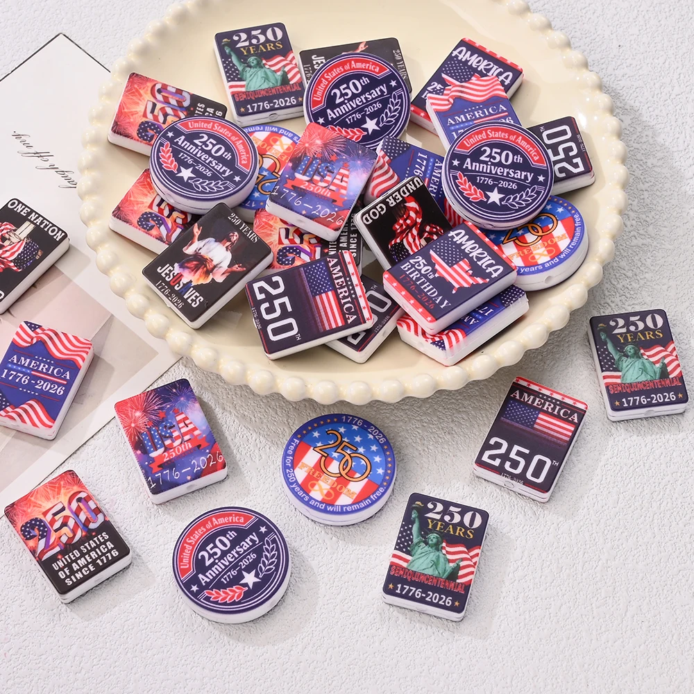 

5Pcs Silicone Flat Beads Digital 250th Anniversary Printed Beads for DIY Pacifier Chains, Necklaces, Bracelet Accessories