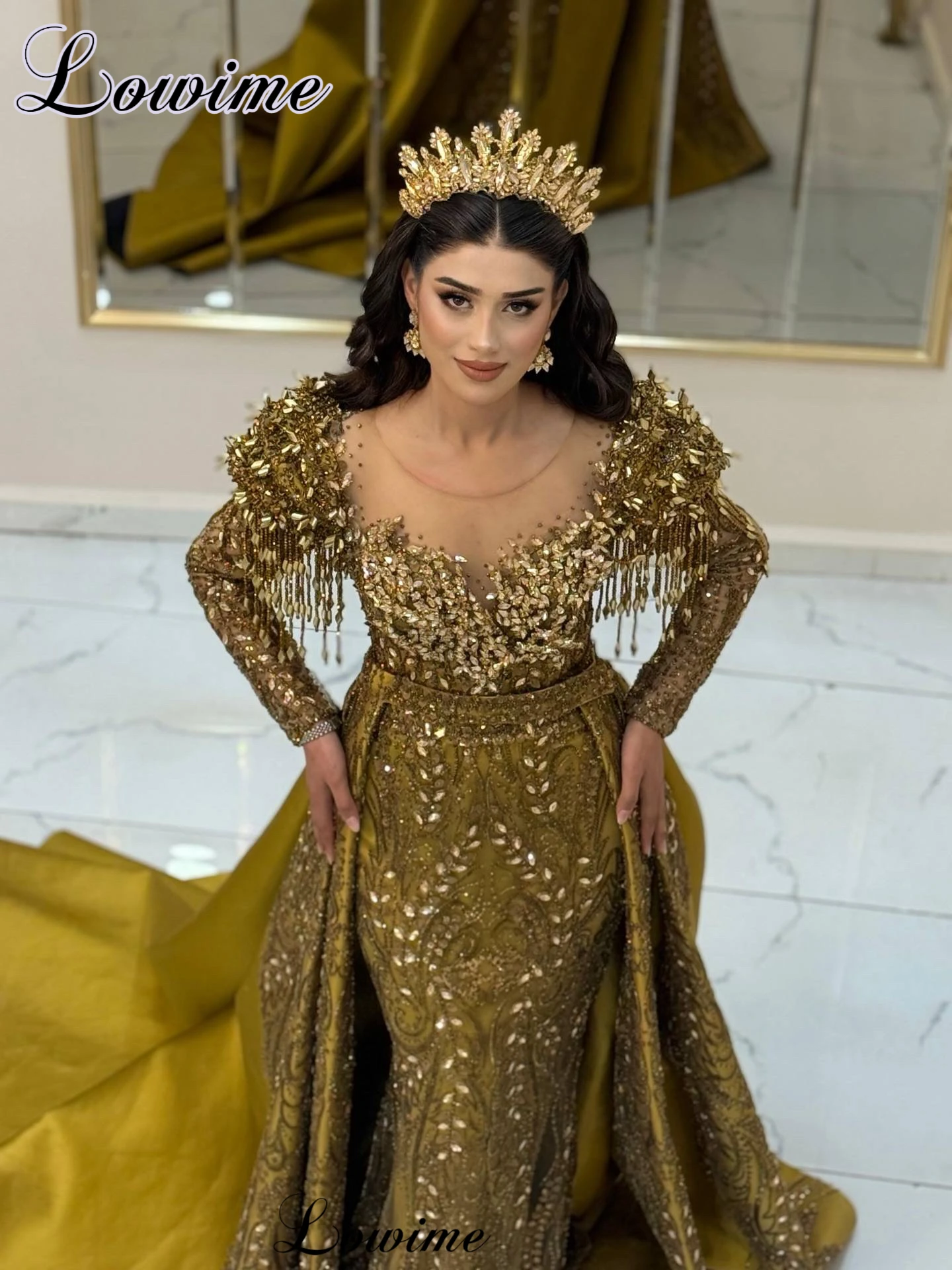 Newest Elegant Golden Evening Dresses Luxury Shiny Crystals Wedding Party Dresses Mermaid Engagement Robes De Soirée Customized