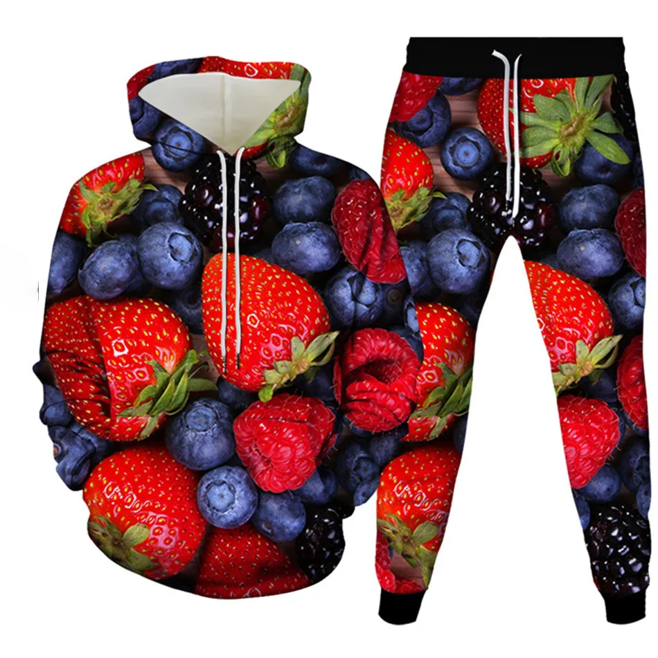 الفاكهة 3D مطبوعة هوديي البدلة الخريف الرجال بلوزات الموضة هوديس Sweatpants عادية قطعتين طقم رياضي رجل الملابس