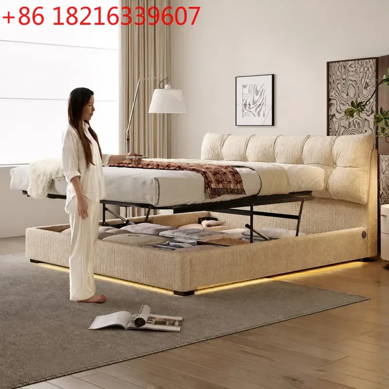 YAO Retro Cream Chenille Fabric Bed with Electric Storage Drawers Removable Washable Cloud Design for Master Bedroom