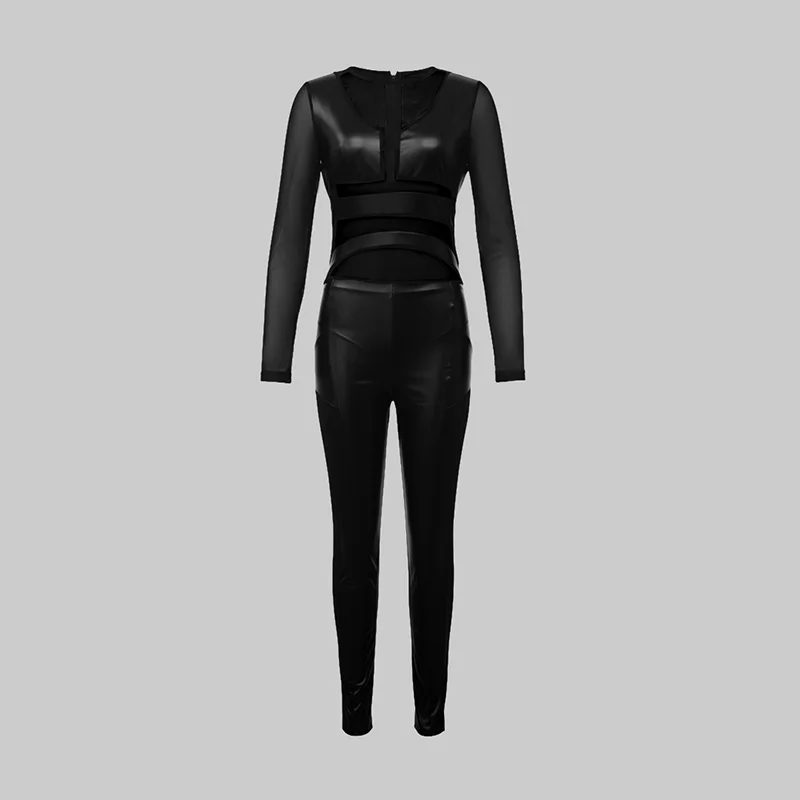 Krisnanas Leather Jumpsuit Split-Joint Mesh O-Neck Wrap Tight Butt Fitting Legging Sportswear Bodysuit Woman Clothes 93128