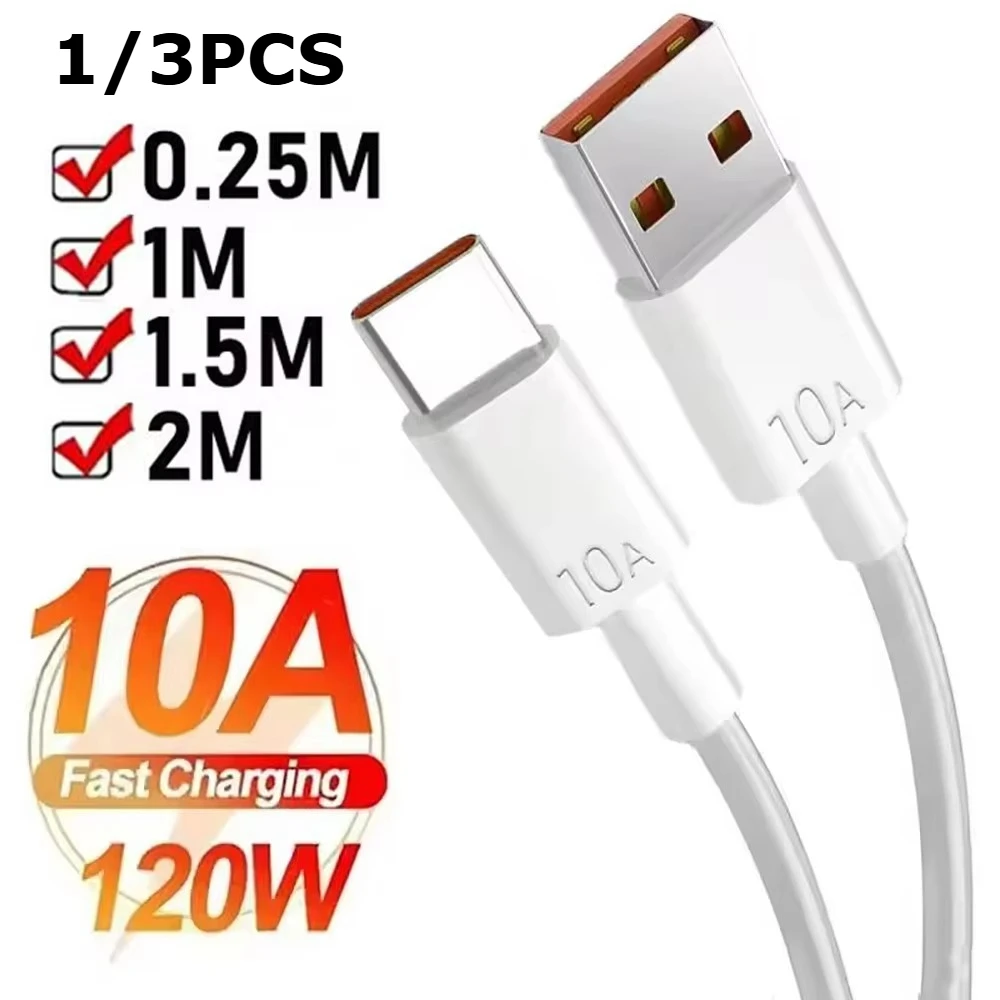 1/3Pc 120W 10A USB to Type C Fast Charging Cable USB C Quick Charge Wire High Speed Transfer Data Cord for Huawei Samsung Xiaomi