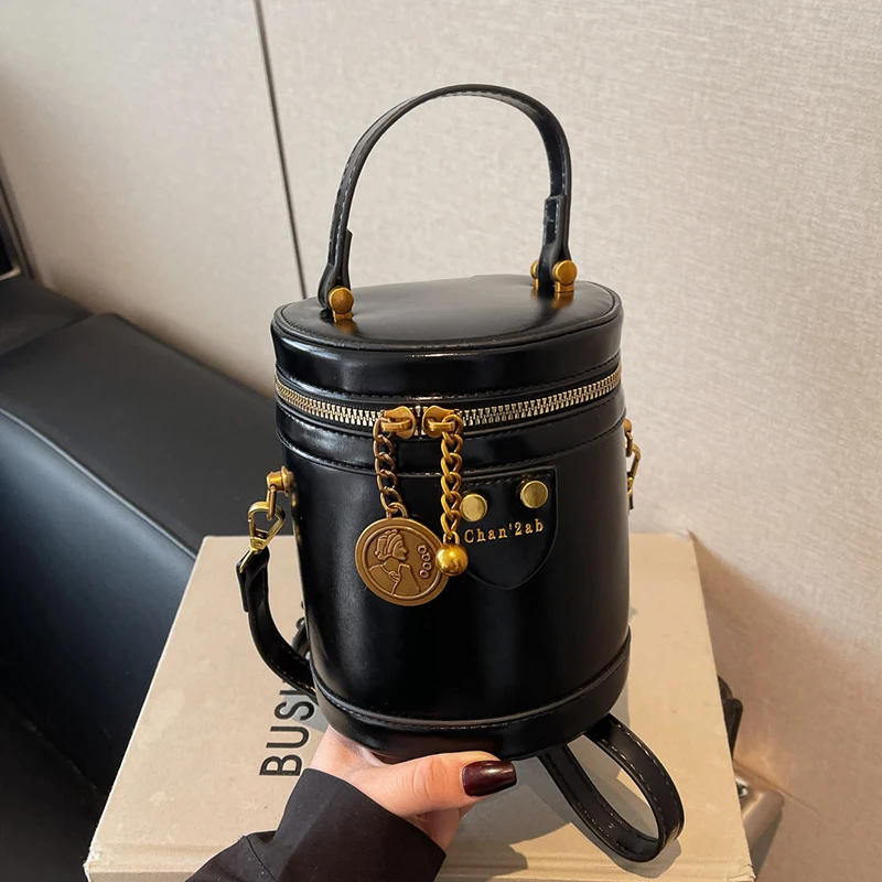

Vintage Bucket Woven Women's Bag 2025 Retro PU Leather Crossbody Mini Bag For Women Zipper Round Handbag Purse Shoulder Bags