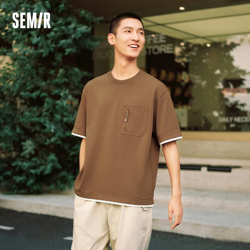 Męska koszulka Semir z krótkim rękawem, blok kolorów, patchwork, imitacja dwóch części, styl roboczy outdoorowy, luźna, codzienna, uniwersalna bluzka na jesień.