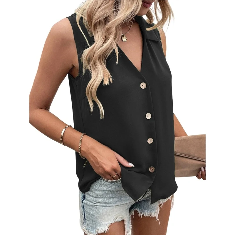 Women Shirt Solid Color V Neck Sleeveless Loose Fit Chiffon Fashionable High Quality New Arrival Trendy Comfortable Premium