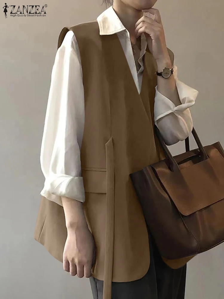 ZANZEA Casual Oversize Work Vests Women Sleeveless Blazer Korean Style V-Neck Suit Coats 2024 Spring Elegant Solid OL Blazer