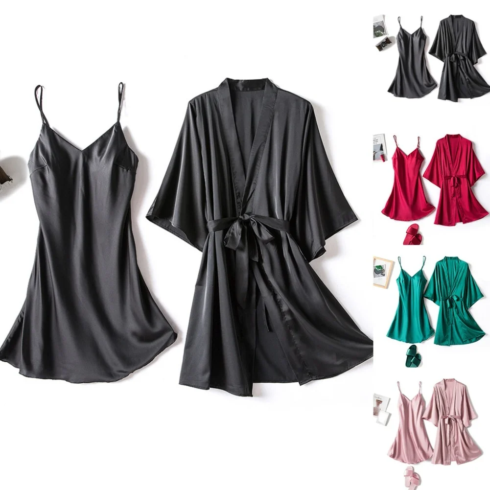 

Sexy Solid Color Imitation Silk Women's Satin Nightgown Two-Piece Set V Neck Backless Mini Sleep Sleepwear Dresses Nightwear