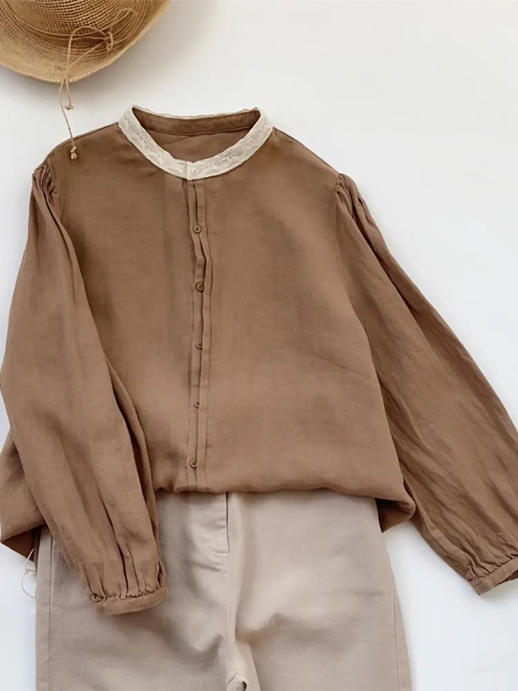 

Loose Fit Cotton Linen irt Women's Early Autumn New Sle Lace Splicing Stand Collar Long Sve Busin Casual Top