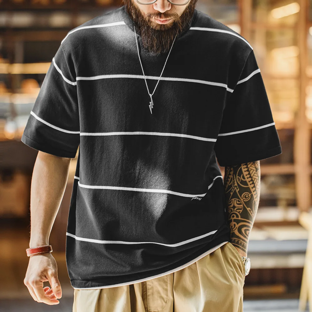

Maden New Casual Black and White Striped Short Sleeve T-Shirt Men's Summer Loose Fit Crew Neck Tee Street Versatile Classic Tops