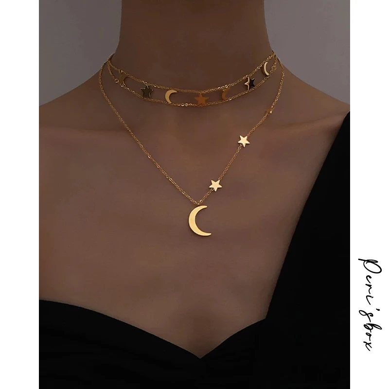 Peri'sBox Small Crescent Moon And Stars Necklaces Hollow Double Layer Chain Choker Necklaces Unusual Statement Boho Sea Necklace