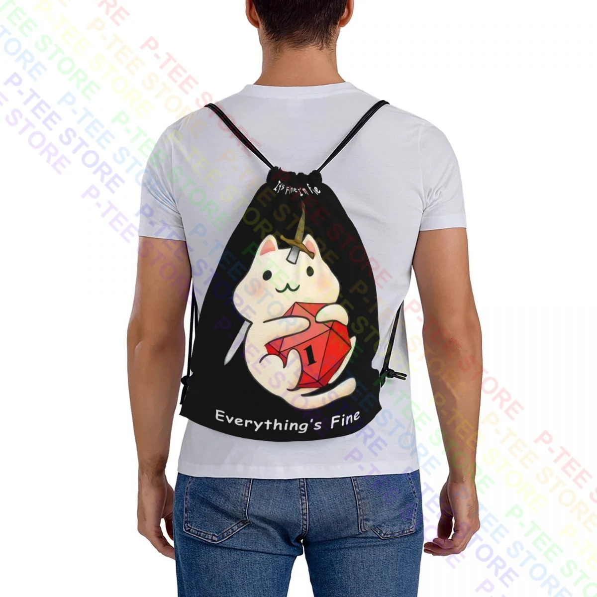 Funny Meowster Dnd Coffee It S Fine I M Fine Everything Drawstring Bags Gym Bag School Gymnast Bag