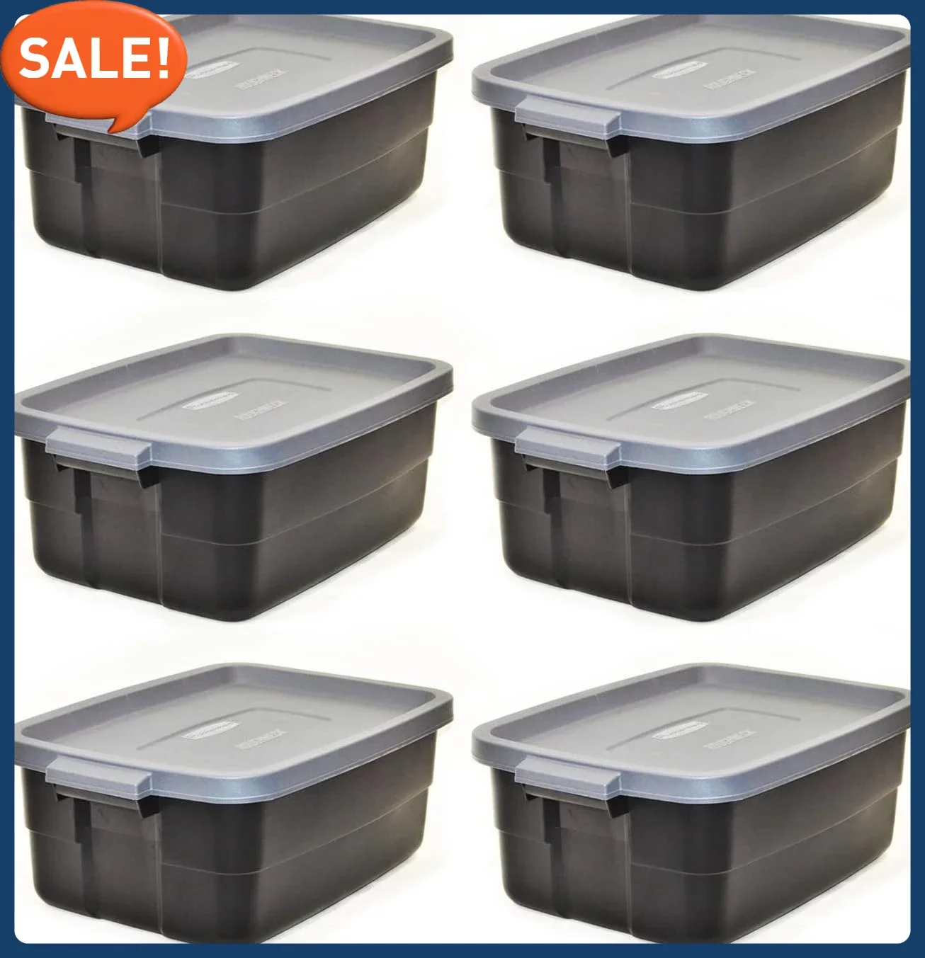 

Roughneck Tote 10 Gal, 6 Pack, Made in USA, Black & Gray, Rugged Plastic Stackable Storage Bins with Lids and Handles