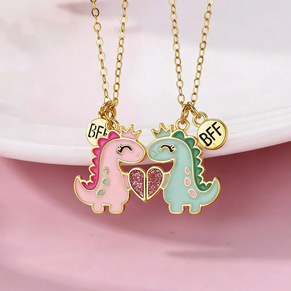 Karsyngirl 2Pcs/set Cartoon Cute Animal Dinosaur Best Friend Necklace BFF Friendship Jewelry Gifts for Girls