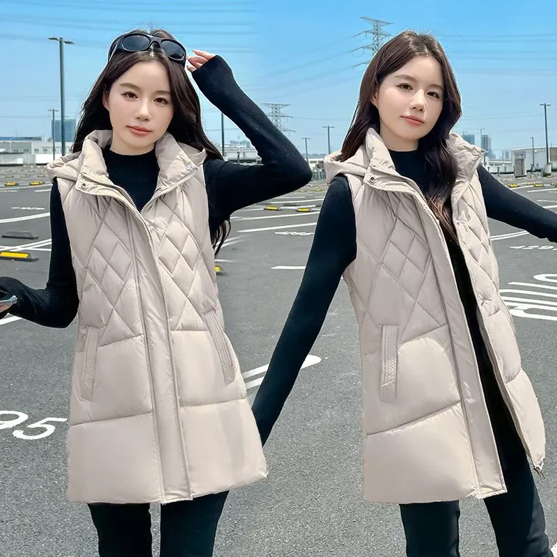 

Autumn Winter Women Hooded Down Cotton Waistcoat New Fashion Mid-Length Zipper Vest Sleeveless Jacket Female Slim Outwear T1595