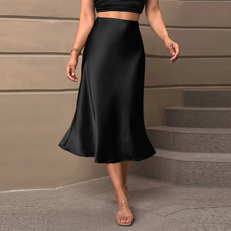 

Satin Midi Skirt, Elegant Spring And Summer Style, Polyester Mid Length A-Line Skirt