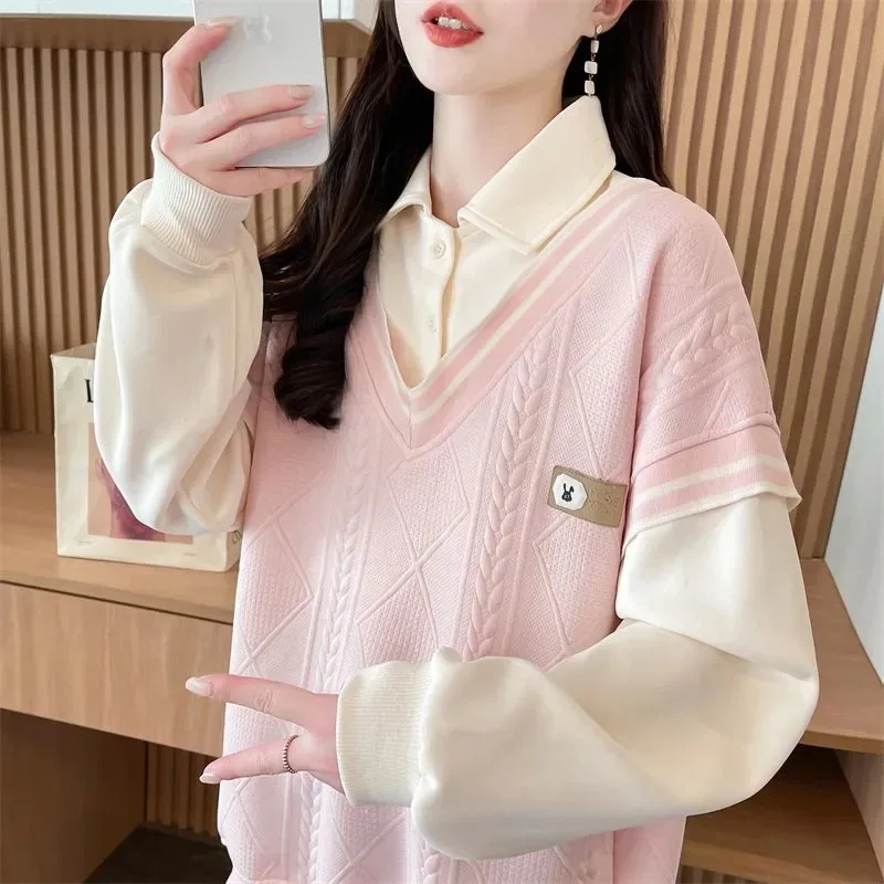 

Fake Two Piece Sweatshirt for Women Autumn New Style Loose Design College Style Niche Pullover Long Sleeves