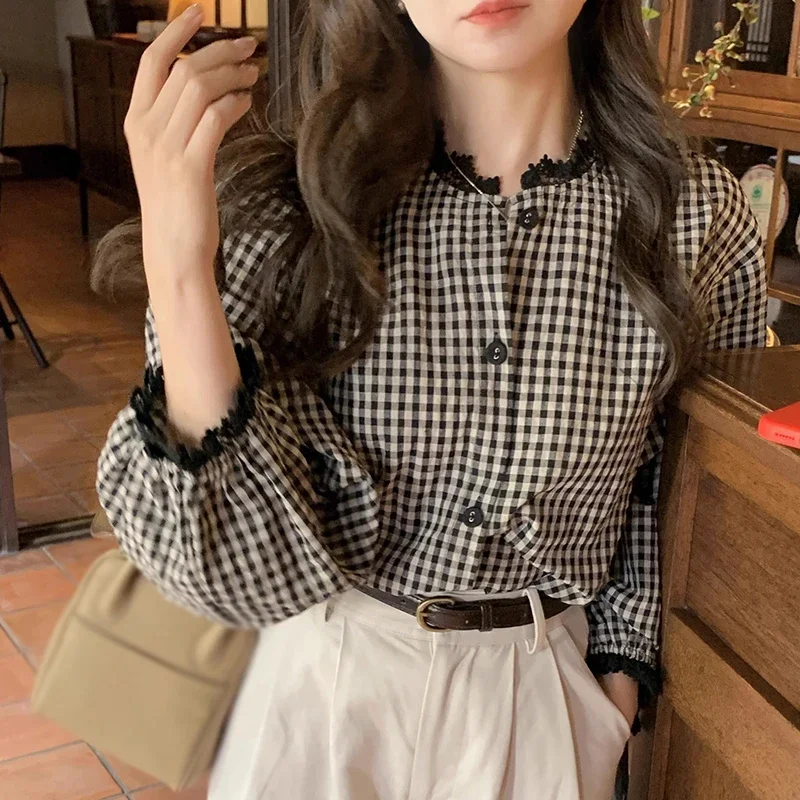 Women Blouse Korean Version Crewneck Checked Lace Panels Fashion Casual Sweet Loose Versatile Long-sleeved Shirt