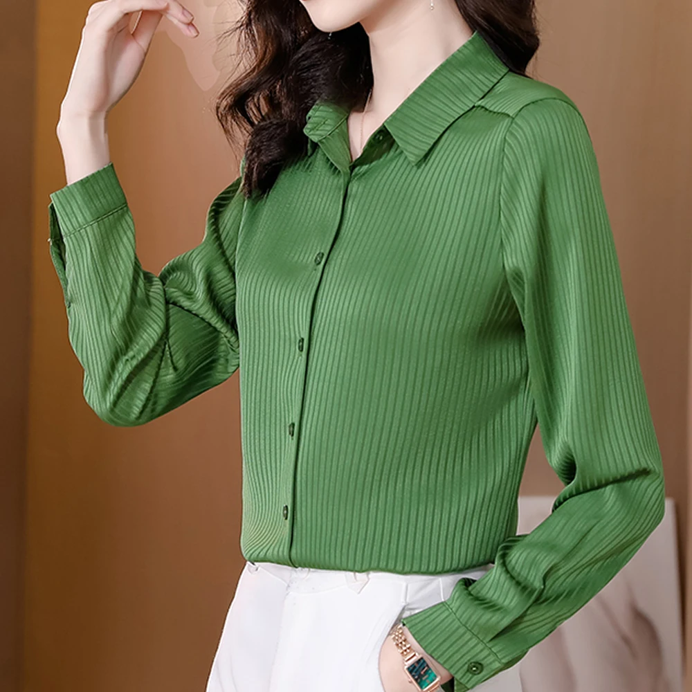 New Style Striped Silk Shirts Women Elegant Long Sleeve Lapel Fashion Women Blouses 2024 Office Lady Formal Tops Casual Clothing