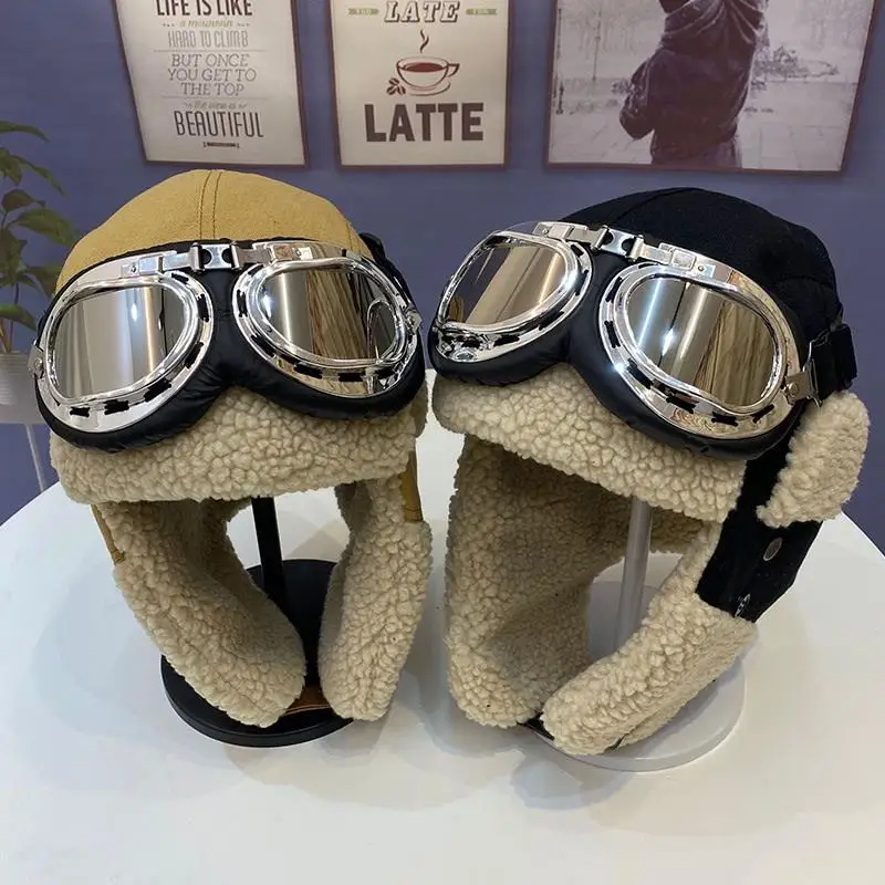 Lei feng chapéu masculino inverno engrossado proteção para os olhos chapéu de lona feminino quente cashmere à prova de vento proteção de ouvido chapéu esqui