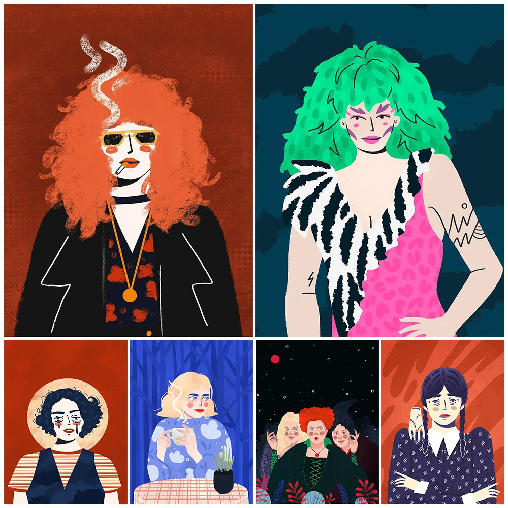 

Cool Girl Power Cartoon Portrait Nordic Poster Wall Art Canvas Painting Home Decor Wall Pictures For Living Room Unframed