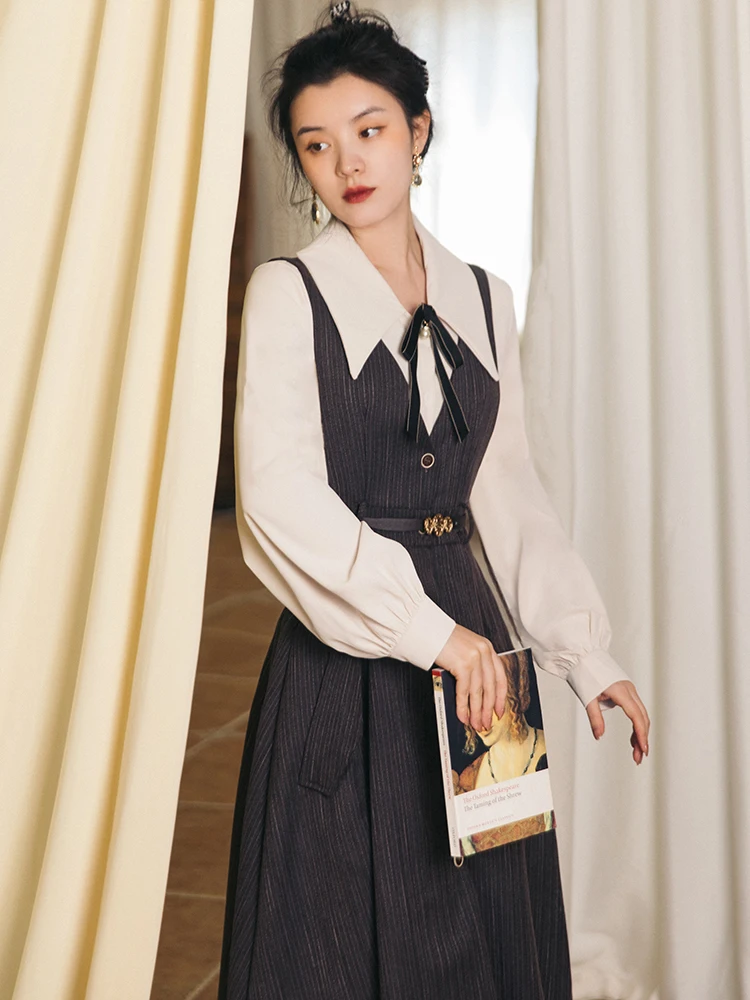 Office Lady Two Piece Dress Set Women Autumn Winter White Blouse and Long Woolen Dress With Belt Outfits