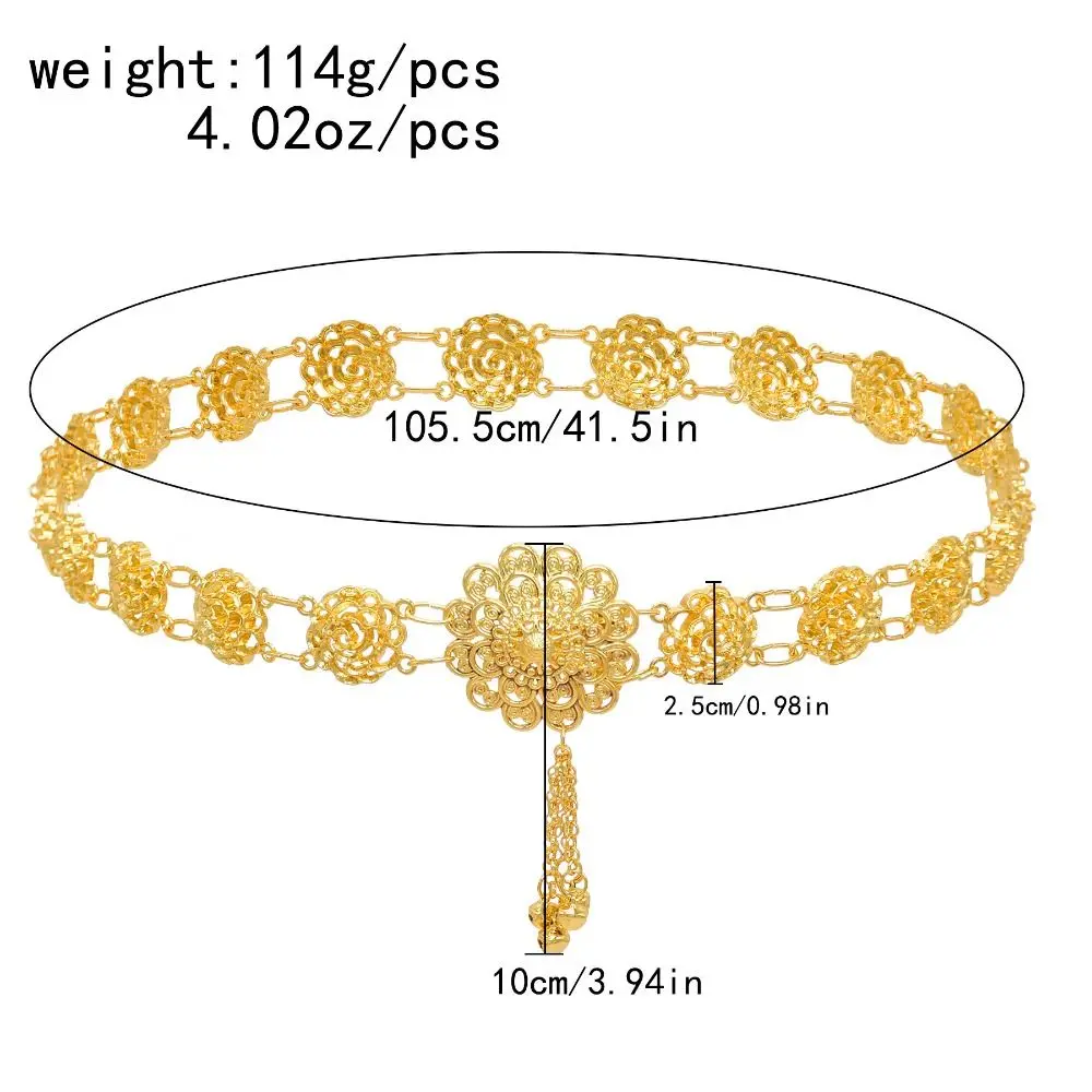 سلسلة خصر ذهبية اللون للرقص الشرقي الهندية العرقية ، تايلاندية غجرية ، تركية ، أحزمة زهور مجوفة ، فستان أفغاني ، مغربي