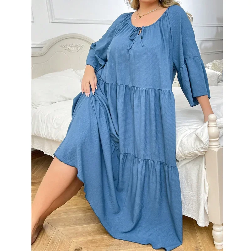 

Женская одежда для сна, пижамы с длинными рукавами, синяя ночная рубашка, домашний халат, свободная ночная рубашка, домашняя одежда, большой размер 4XL, рубашка для сна