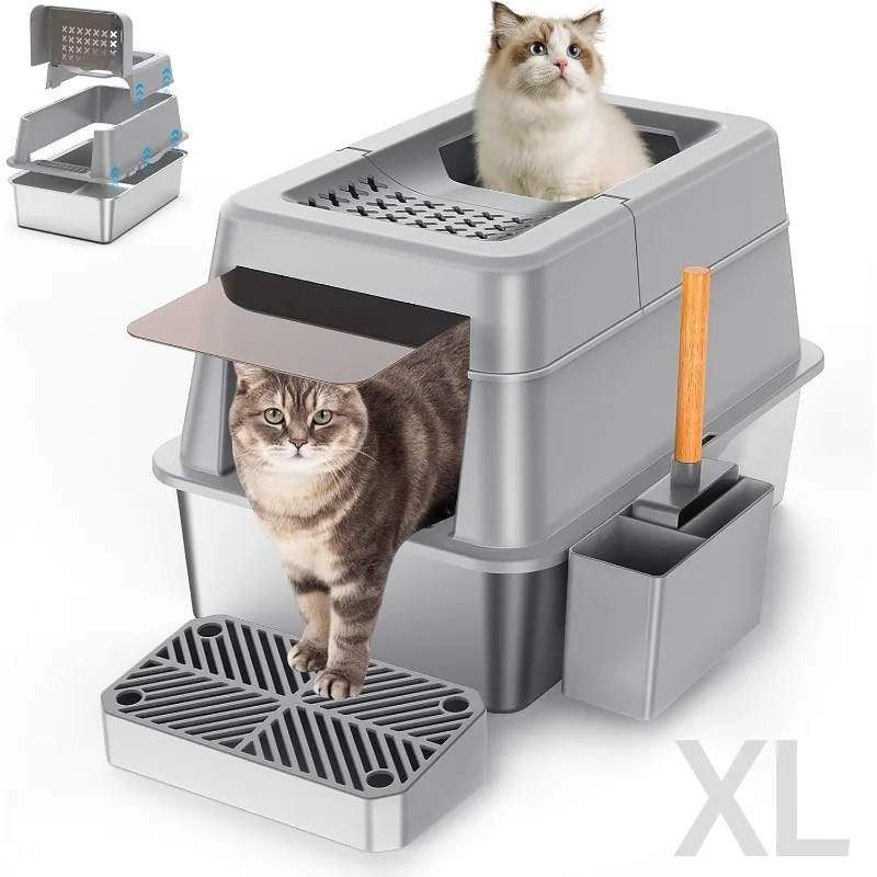 

Stainless Steel Litter Box with Lid, XL Extra Large Enclosed Cat Litter Box for Big Cats 110° Flip Cover, Top Entry Metal High