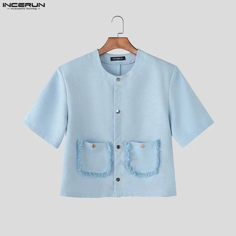 

INCERUN Мужская рубашка с однотонными кисточками и карманами с круглым вырезом и коротким рукавом Мужская одежда Уличная одежда Элегантные модные повседневные укороченные топы Мужские рубашки