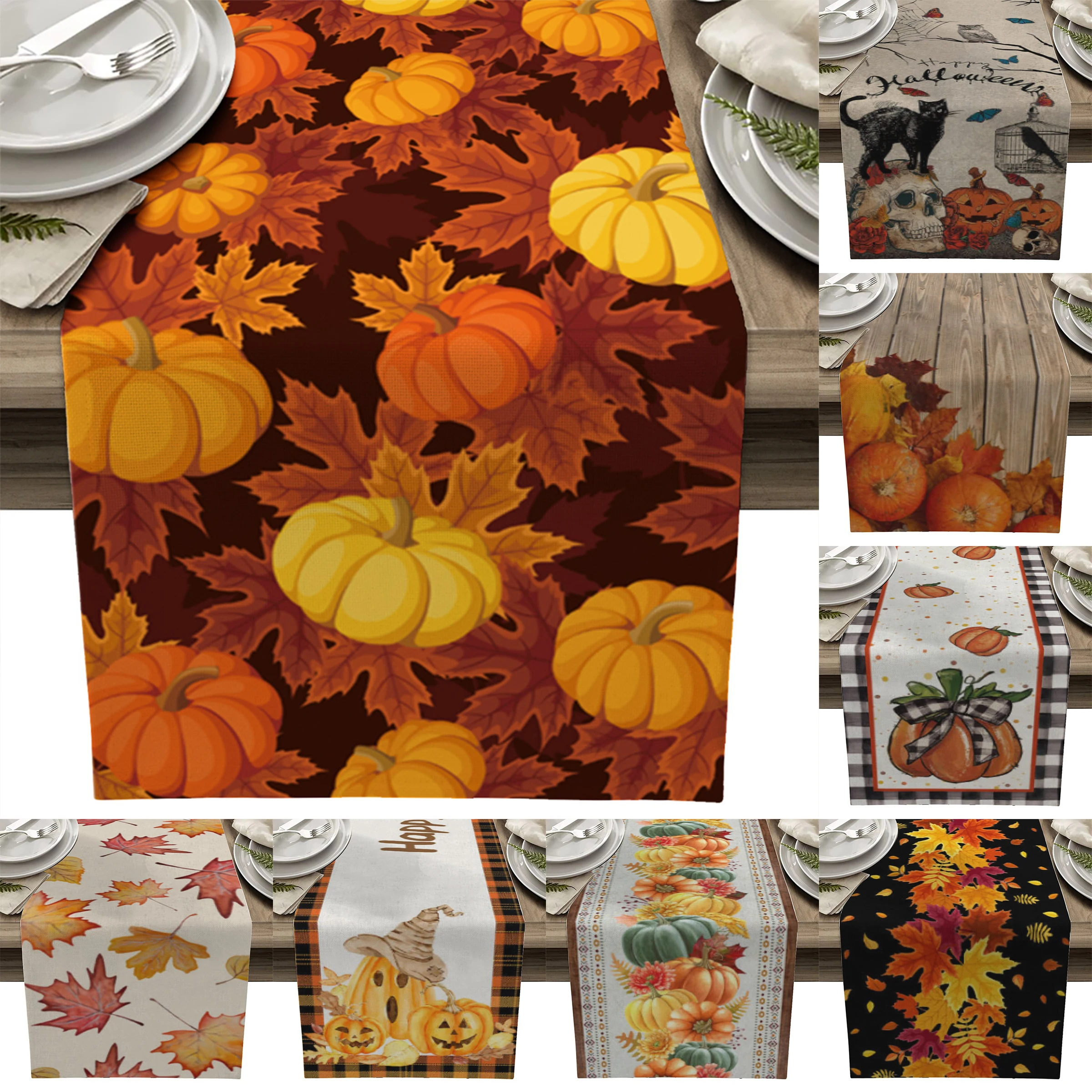 

Halloween Style Autumn Maple Leaves Pumpkin Table Runner For Dining Table Country Decor Anti-Stain Rectangular Dining Tablecloth