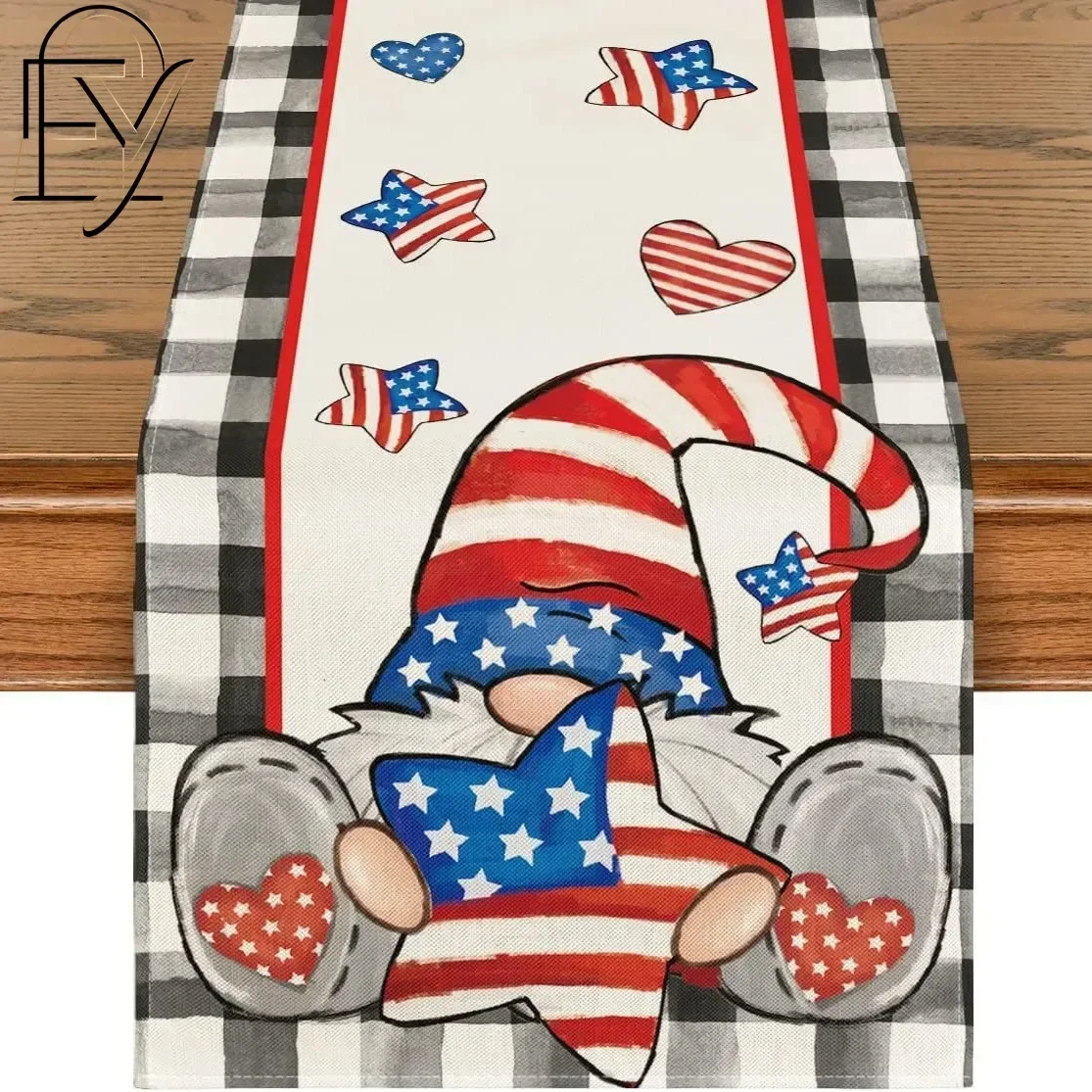 Gnome Table Runner Patriotic Stars Stripes Linen Tablecloth Buffalo Plaid Independent Day 4th of July Kitchen Dining Decor