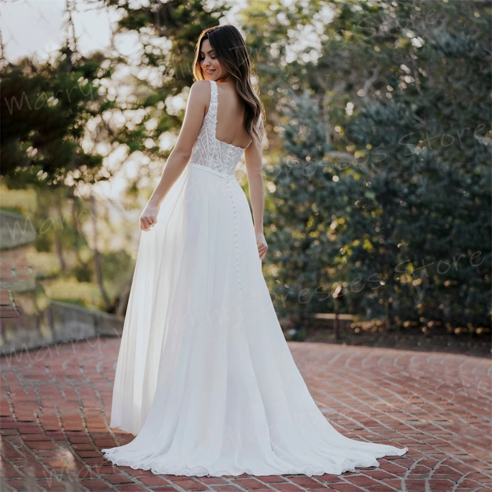 Romantico A Line abiti da sposa da donna graziosi Appliques di pizzo abiti da sposa nuovo colletto quadrato senza maniche Backless Robe De Mariée