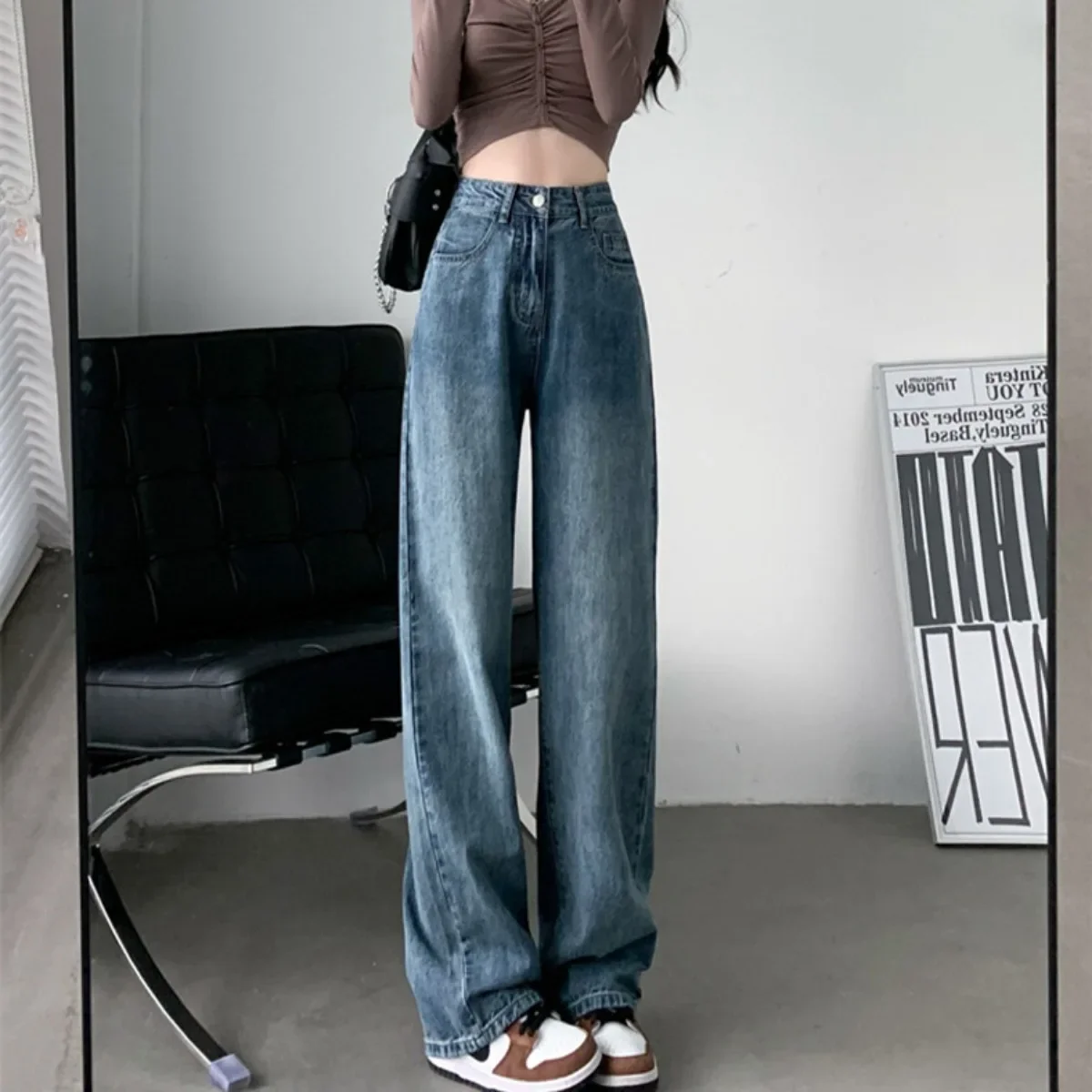 

American Retro Straight Blue Jeans Women's High Waist, Thin and High Loose Pants Women Clothing Streetwear Y2k