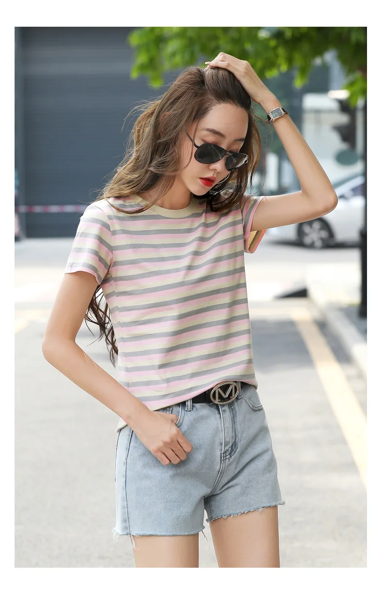 Damen Sommer T-Shirt mit Streifenmuster, kurze Ärmel, neu, schlankmachend, lockere Passform, halblange Ärmel, lässiges Basic-Oberteil – Detail 25