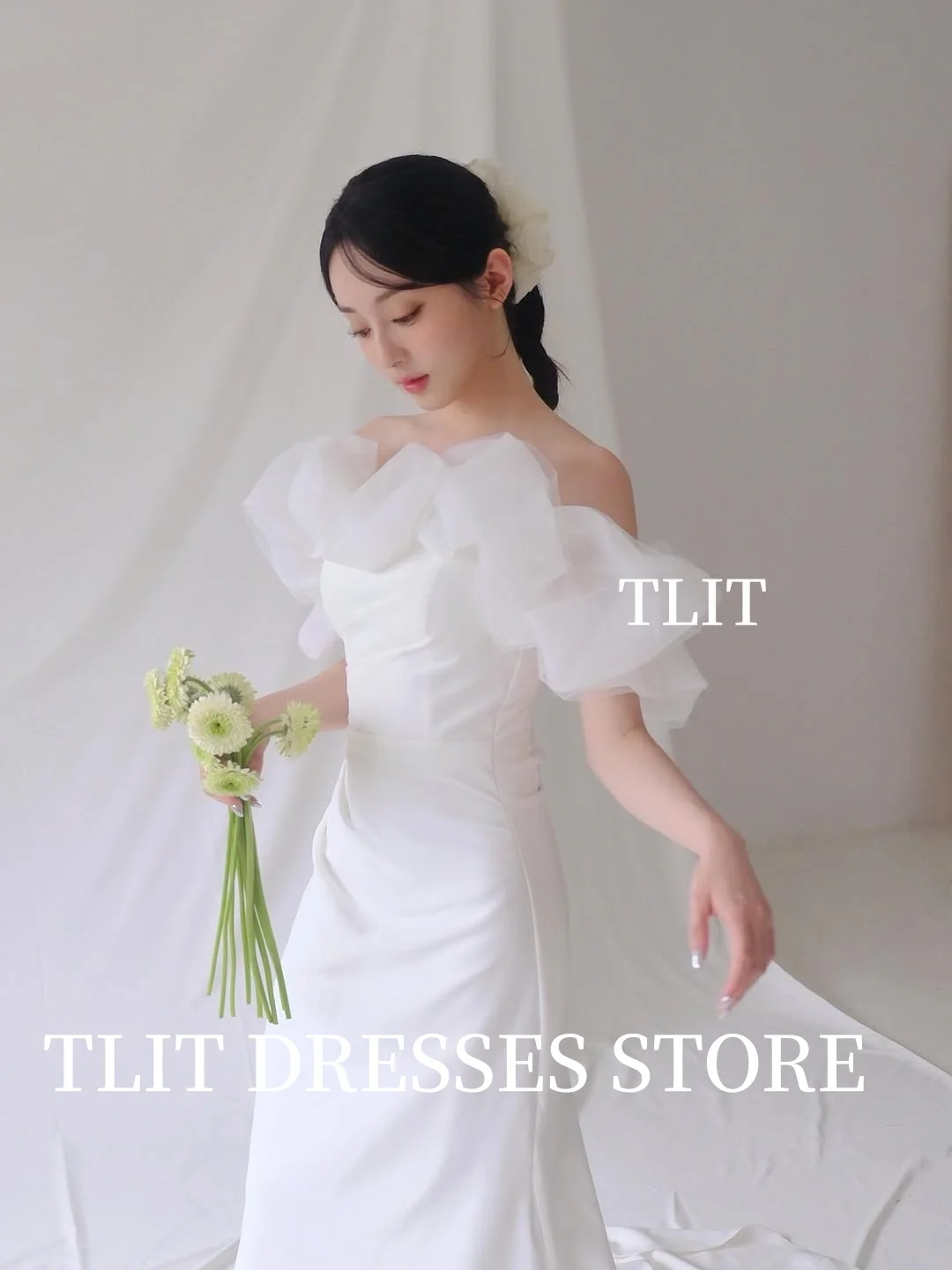 فستان زفاف أنيق من الساتان حورية البحر باللون الأبيض من TLIT ثنيات من الأورجانزا بدون حمالات فساتين حفلات كورية فستان الزفاف صور تبادل لاطلاق النار حسب الطلب #4