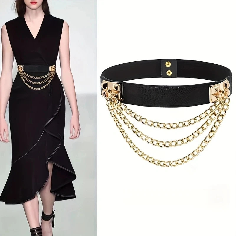 Punk Chain Fringe PU Belt Solid Color Trendy Elastic Waistband Classic Body Jewelry Dress Girdle For Women