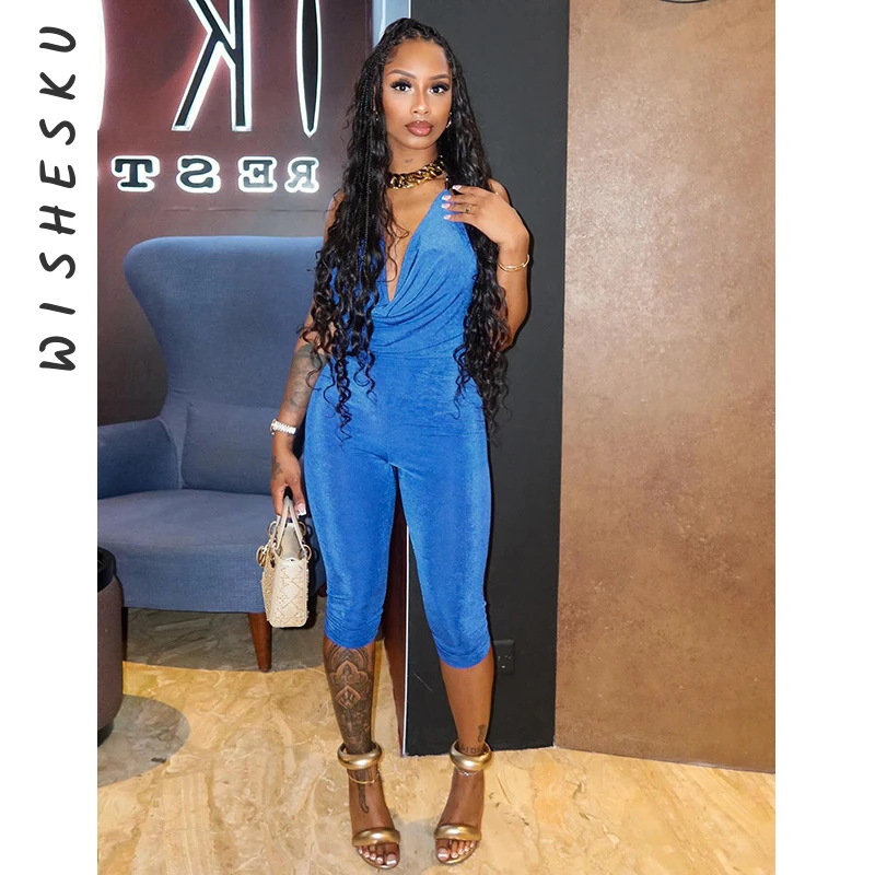 

Sexy Solid Color Lace Up Swing Collar Hanging Neck Backless Skinny Jumpsuit Women Summer Elegant Knee Length One Piece Romper