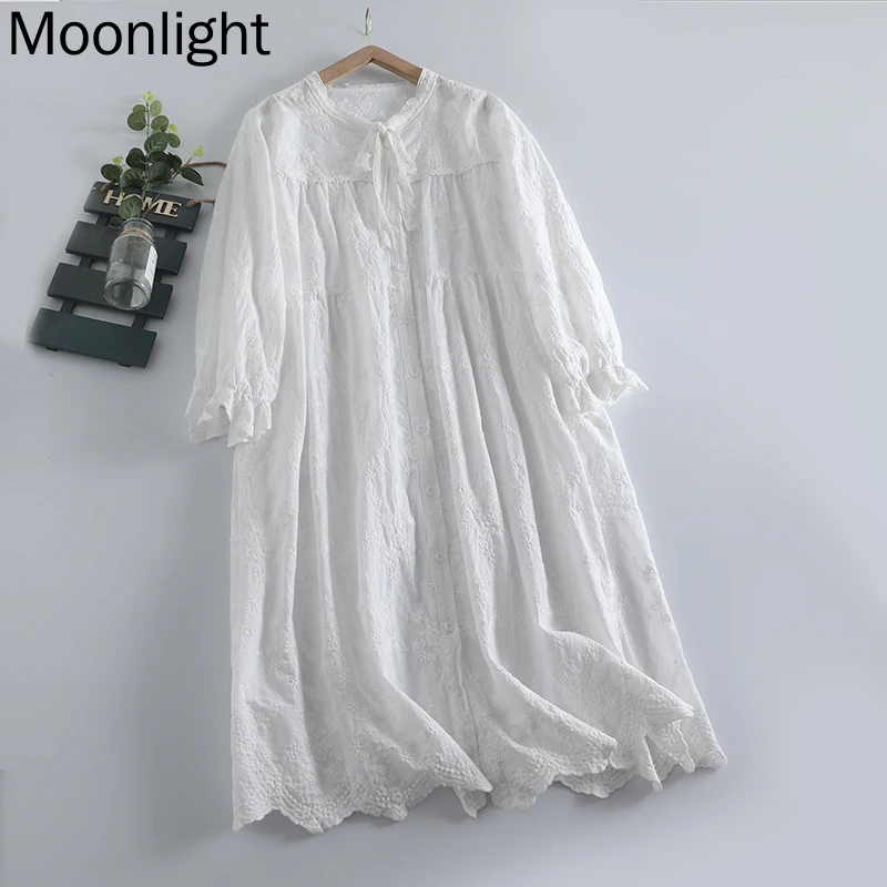 Mori Girl Lace Embroidery Long Sleeve Dresses Women Japanese Korean Sweet O-Neck Solid Color Loose Dress Vintage Female Vestidos