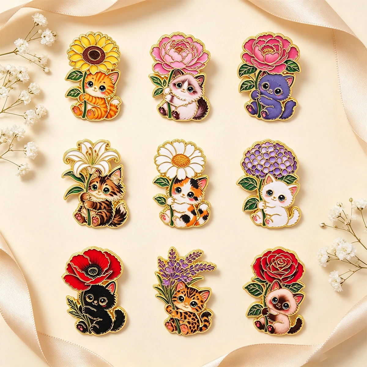 9-teiliges Set niedlicher Tierbroschen für Damen, Vintage-Emaille-Pins, Cartoon-Katzen-Schmuck, modische Kragenabzeichen, Geschenk-Accessoires – Detail 7