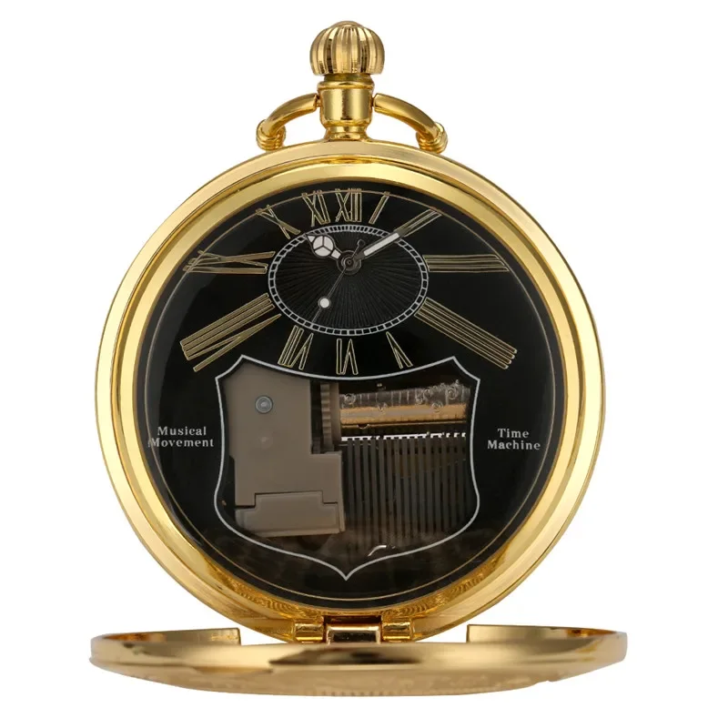 

Luxury Golden Pocket Watch City Sky Song Musical Manual Quartz Watches Roman Number Case Pendant Chain Collectable Clock Gift