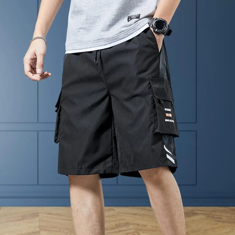 Mid-Rise Elastic Waistband Drawstring Cargo Shorts Pockets Wide Leg Letter Print Men Loose Fitness Running Shorts Sportwear Male