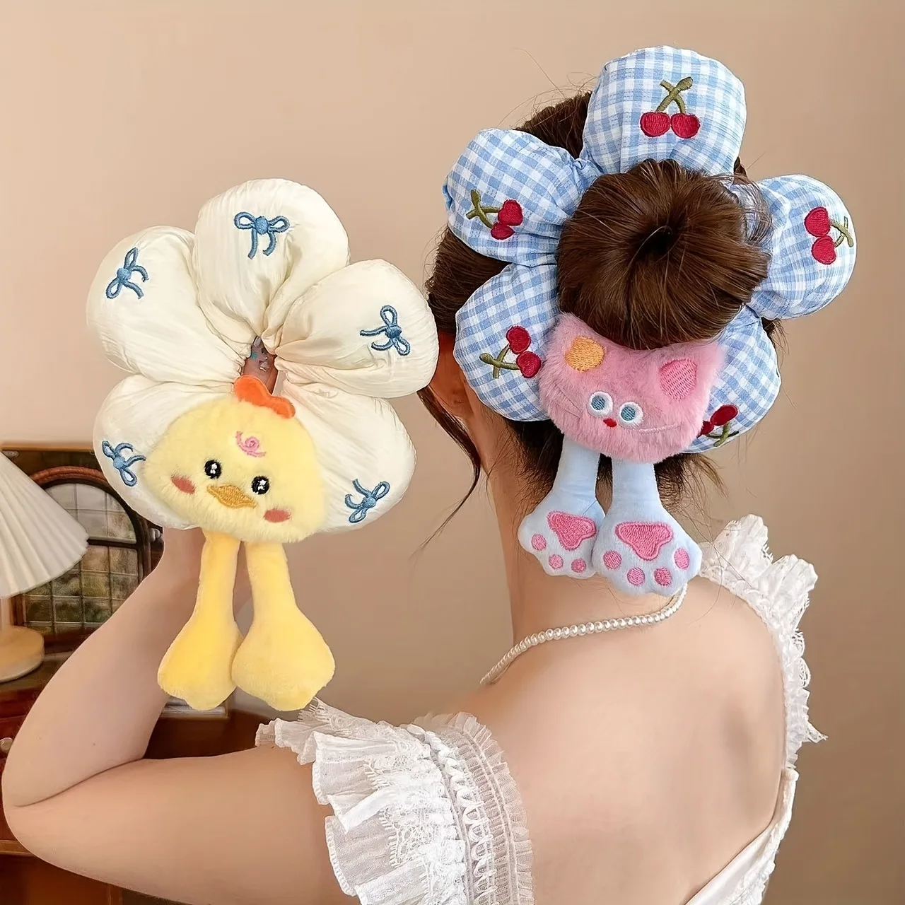 1pc Children Fun 3d Doll Hair Circle Duckling Cat Shaped Large Intestine Circle Girl's Heart Full Hair Tie Headrope Accessories