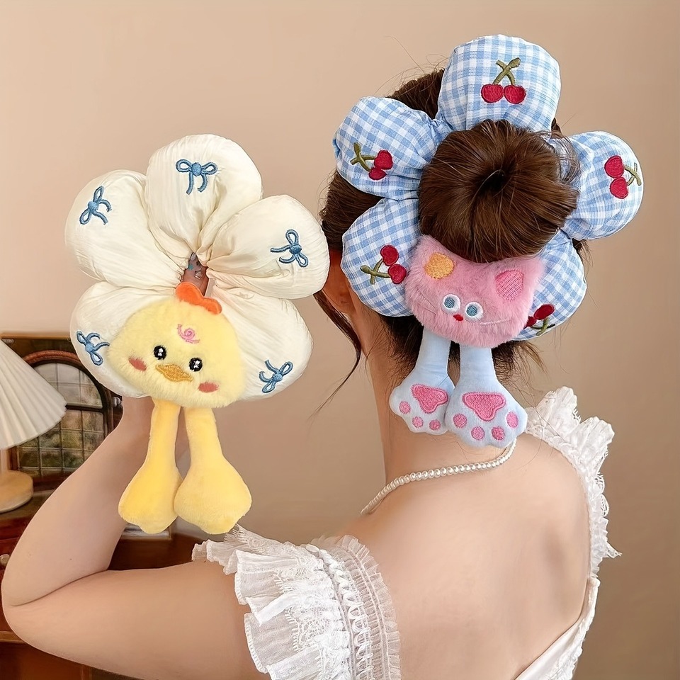 1pc Children Fun 3d Doll Hair Circle Duckling Cat Shaped Large Intestine Circle Girl's Heart Full Hair Tie Headrope Accessories 