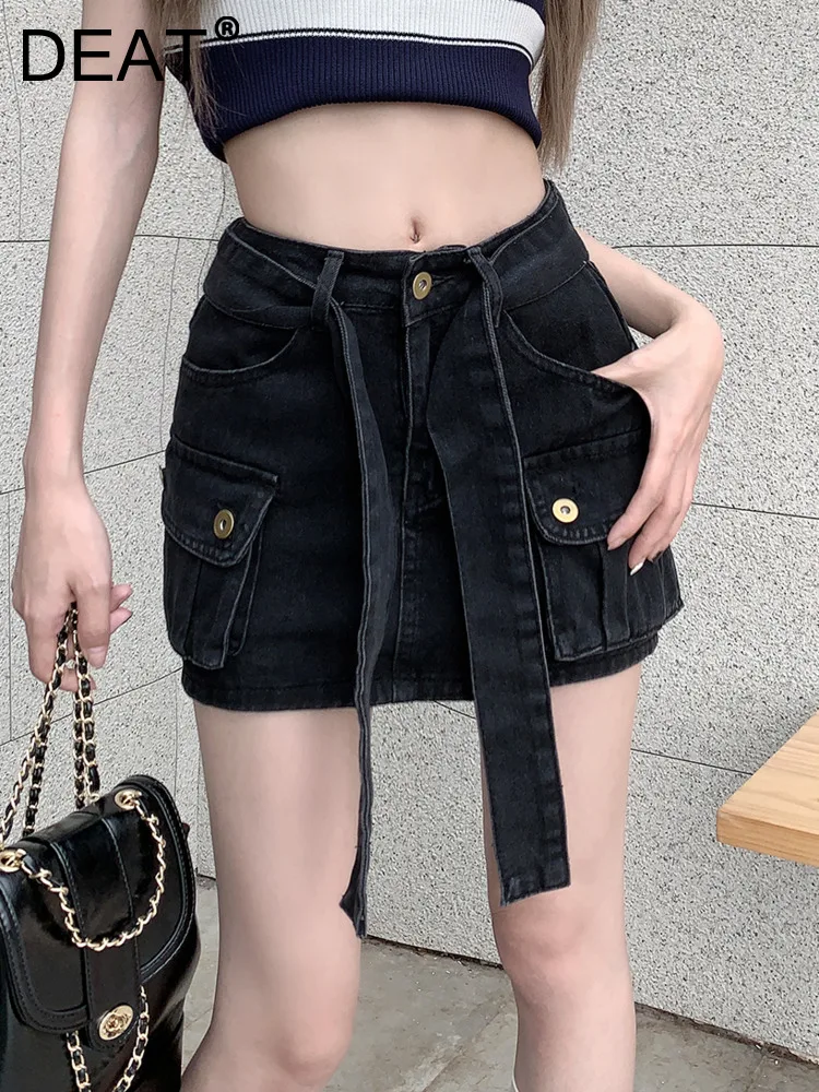 

DEAT Fashion Women's Denim Skirt Lace-up High Waist A-line Multi Pockets Slim Hip Wrapping Skirts Summer 2024 New Tide 11XX01119