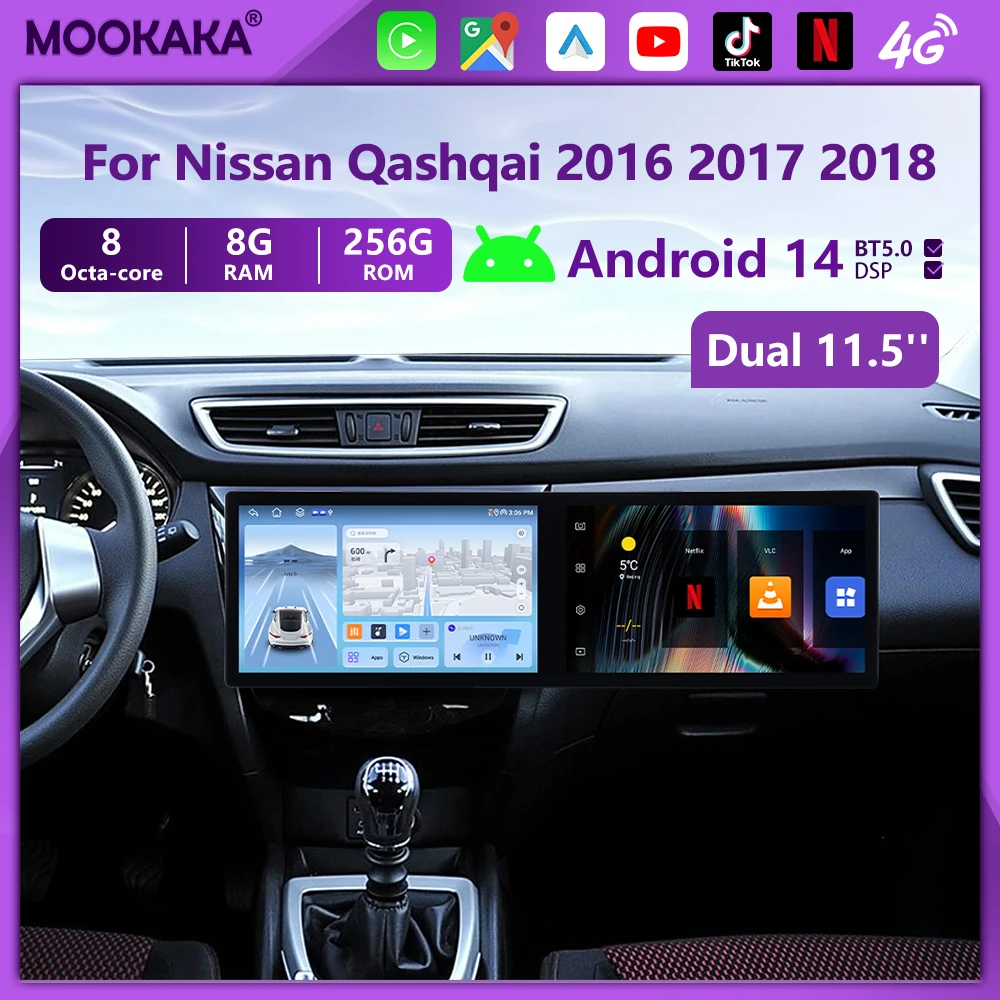 

25" Car Radio For Nissan Qashqai 2016-2018 Android14 Long Strip QLED Screen Multimedia Player Carplay Unit Update 2025 AI Screen