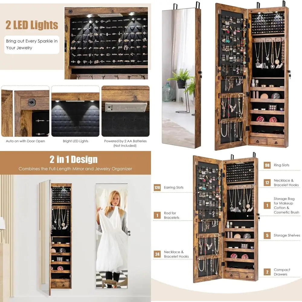 

Rustic Brown Wall-Mounted Jewelry Armoire with 47.5 Mirror, LED Lights, Lockable Storage, and 2 Drawers